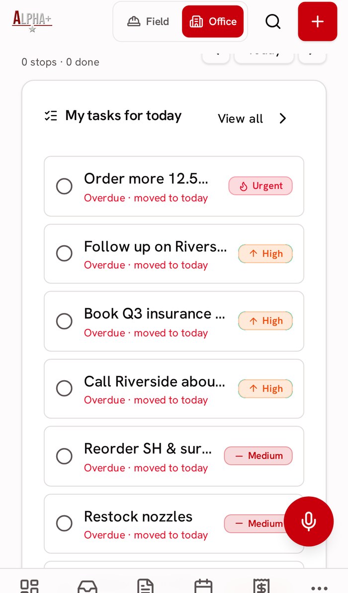 Alpha+ running on a phone — today's stops and tasks