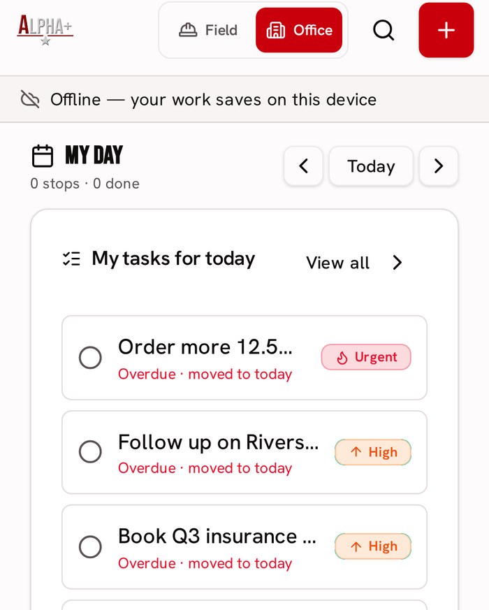 Alpha+ on a phone showing the offline banner and today's task list
