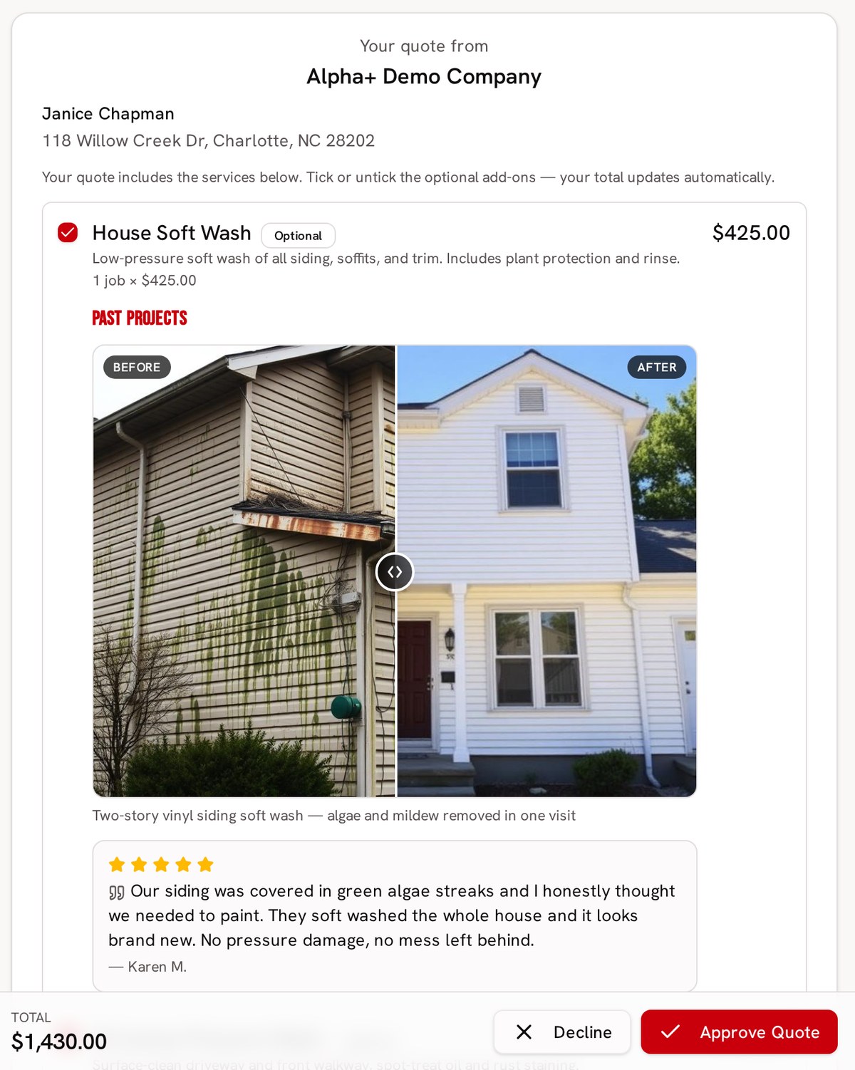 Customer-facing Alpha+ proposal with before and after photos, a five-star review and an approve button